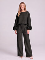 Rosblune Linen Top Trouser Co-Ord Set – Women Loungewear Casual Autumn Elegant Rosette Sleeve Two-Piece Set