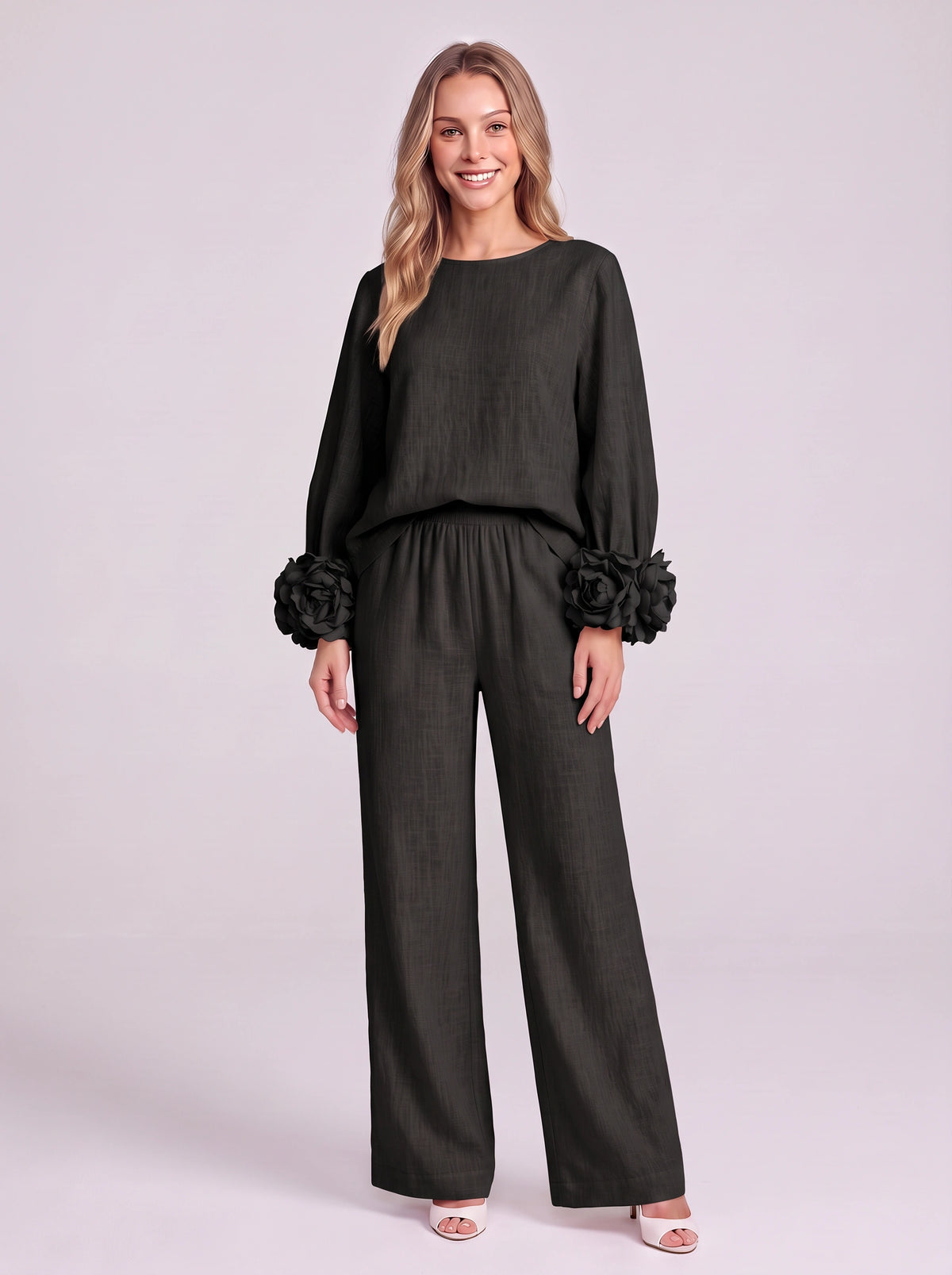 Rosblune Linen Top Trouser Co-Ord Set – Women Loungewear Casual Autumn Elegant Rosette Sleeve Two-Piece Set