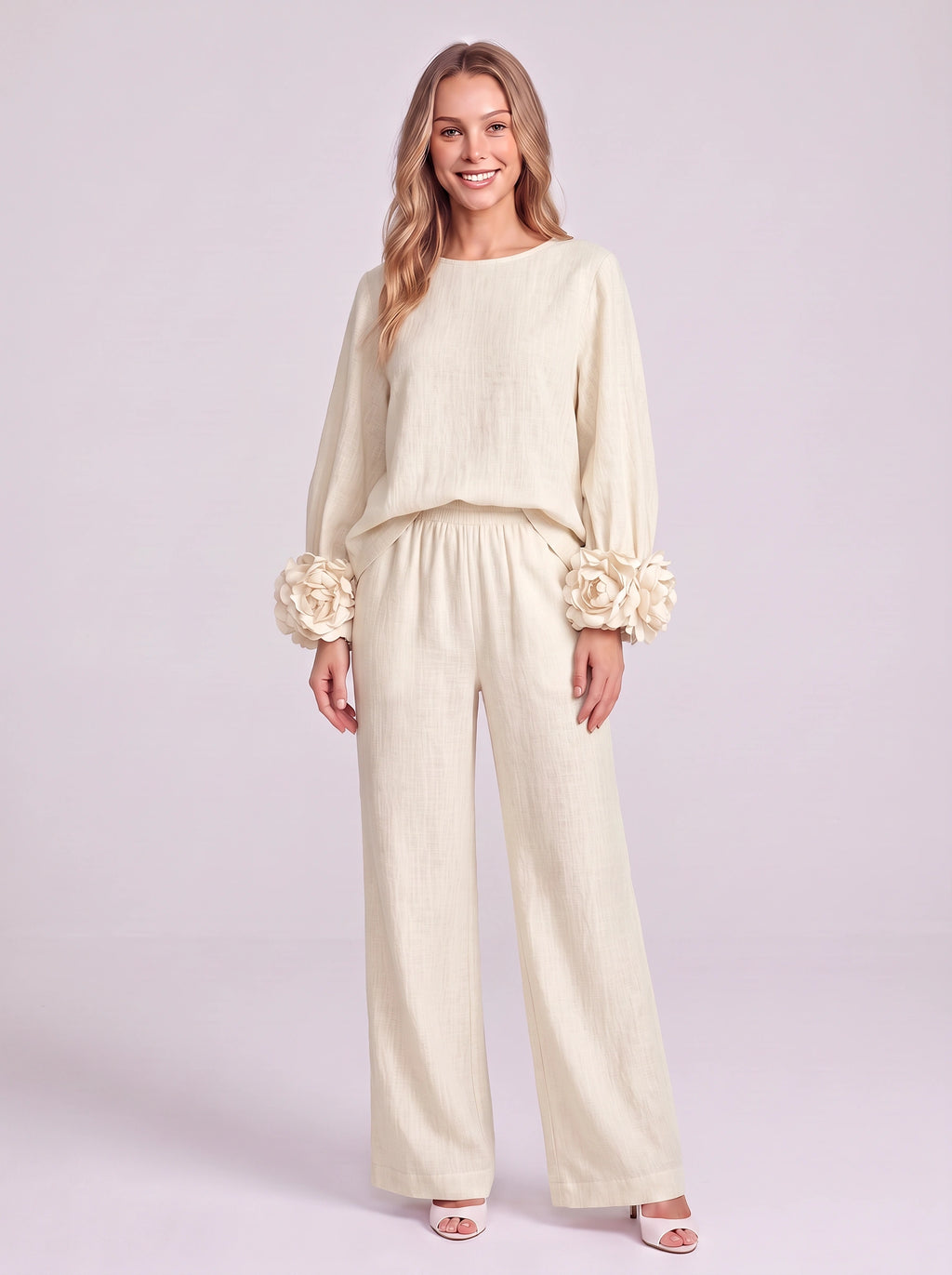 Rosblune Linen Top Trouser Co-Ord Set – Women Loungewear Casual Autumn Elegant Rosette Sleeve Two-Piece Set