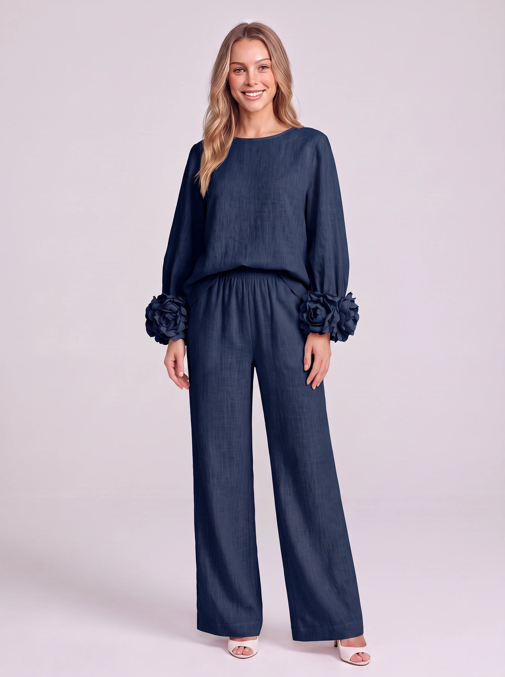 Rosblune Linen Top Trouser Co-Ord Set – Women Loungewear Casual Autumn Elegant Rosette Sleeve Two-Piece Set