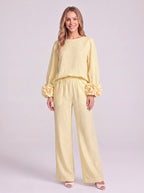 Rosblune Linen Top Trouser Co-Ord Set – Women Loungewear Casual Autumn Elegant Rosette Sleeve Two-Piece Set