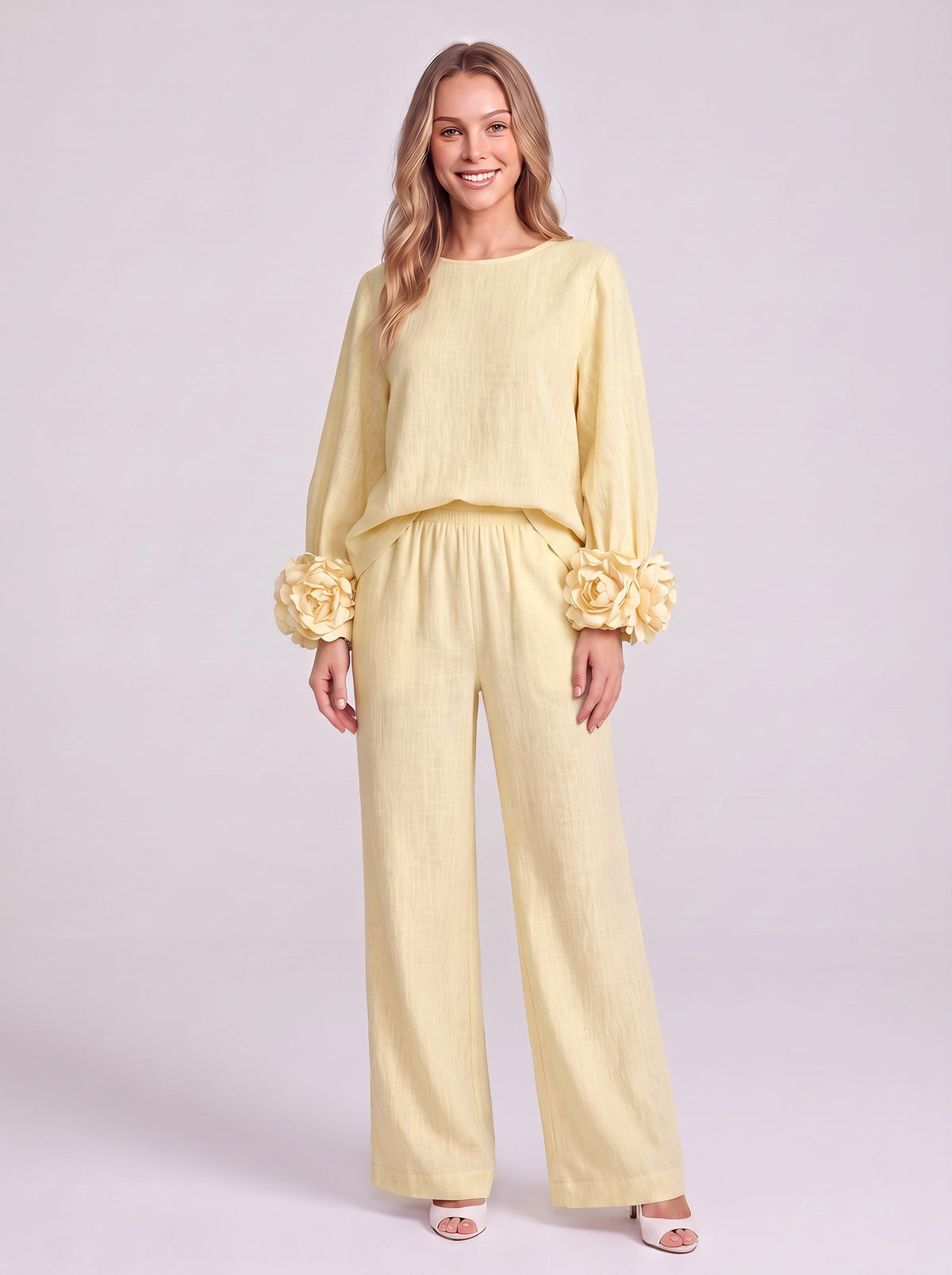 Rosblune Linen Top Trouser Co-Ord Set – Women Loungewear Casual Autumn Elegant Rosette Sleeve Two-Piece Set