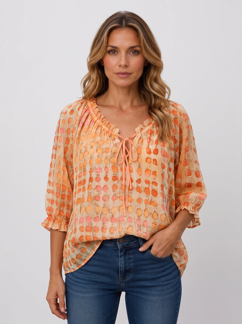 Ribbace Lace-Up V-Neck Blouse – Polka Dot Women Autumn Casual Smart Blouse Top