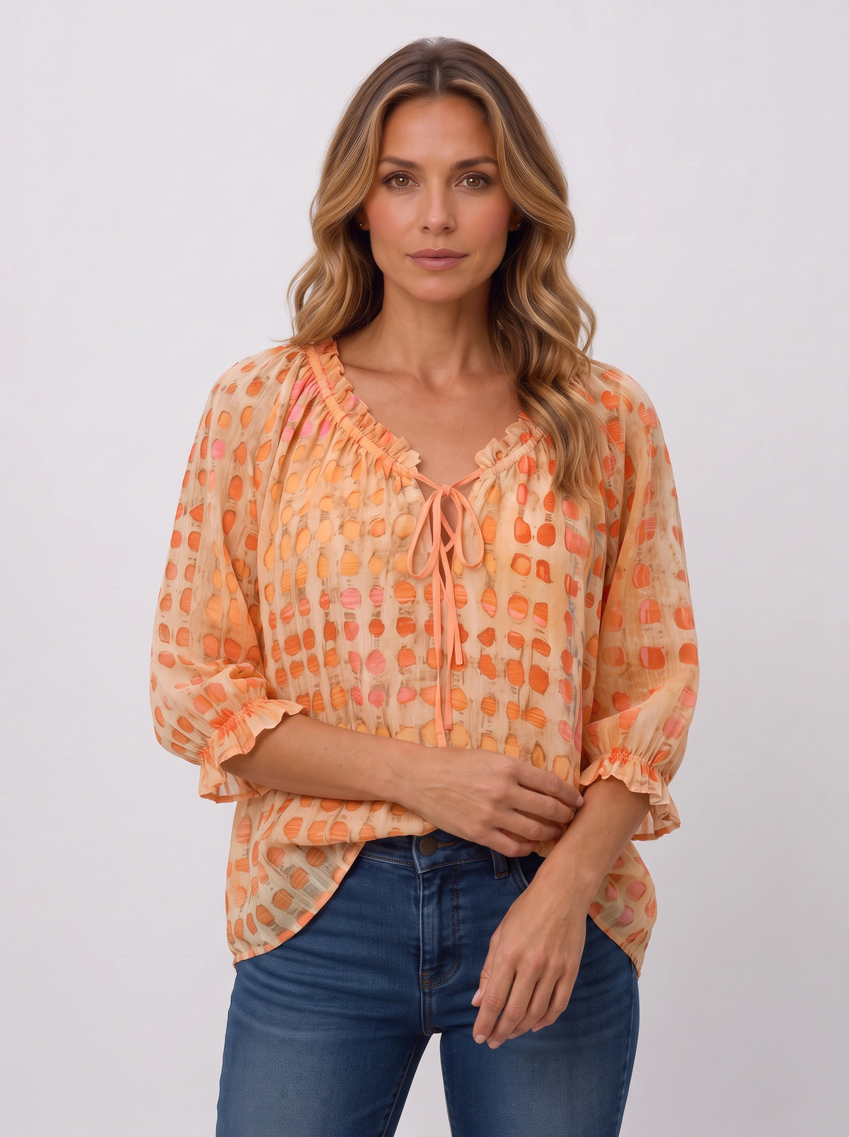 Ribbace Lace-Up V-Neck Blouse – Polka Dot Women Autumn Casual Smart Blouse Top