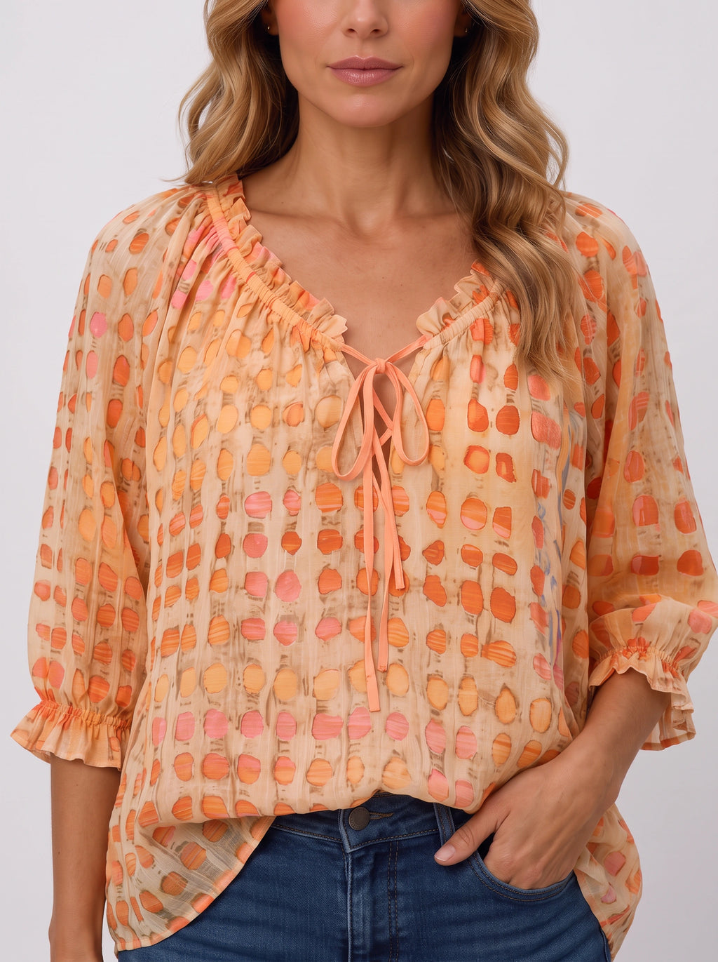 Ribbace Lace-Up V-Neck Blouse – Polka Dot Women Autumn Casual Smart Blouse Top