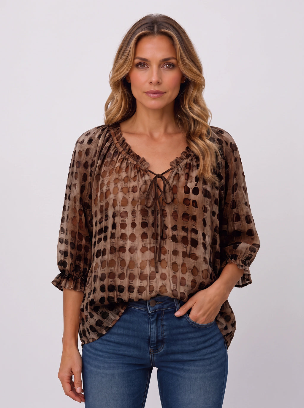 Ribbace Lace-Up V-Neck Blouse – Polka Dot Women Autumn Casual Smart Blouse Top