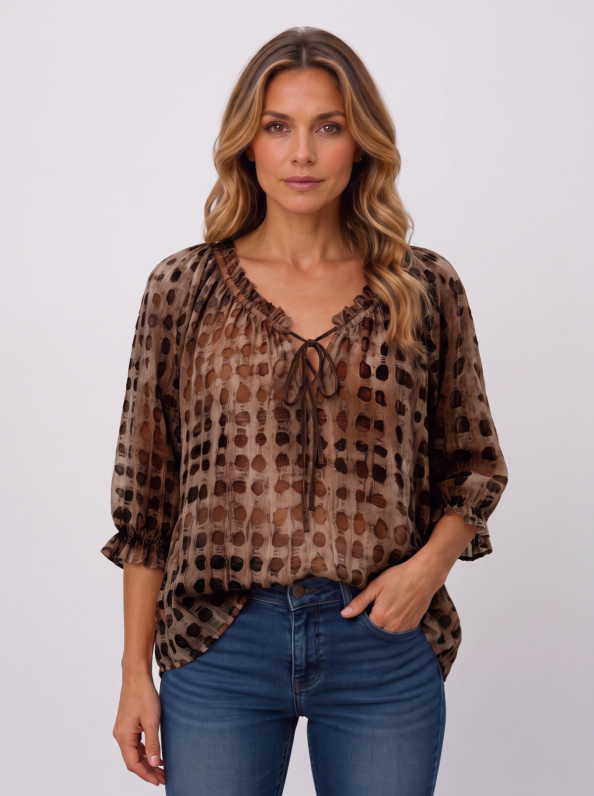 Ribbace Lace-Up V-Neck Blouse – Polka Dot Women Autumn Casual Smart Blouse Top
