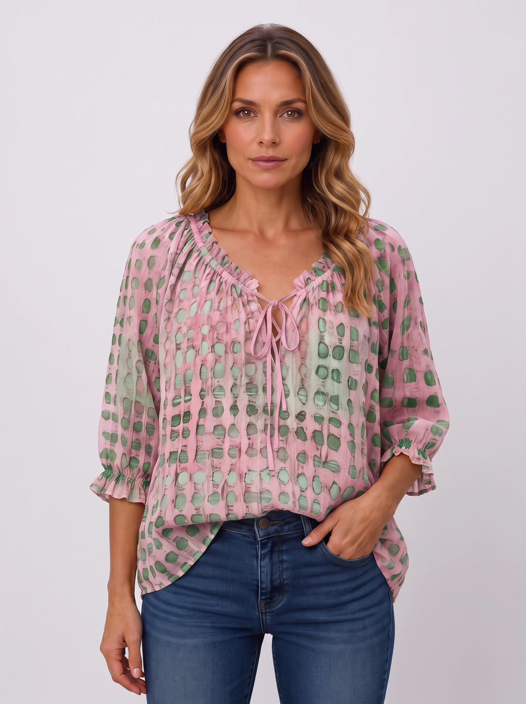 Ribbace Lace-Up V-Neck Blouse – Polka Dot Women Autumn Casual Smart Blouse Top