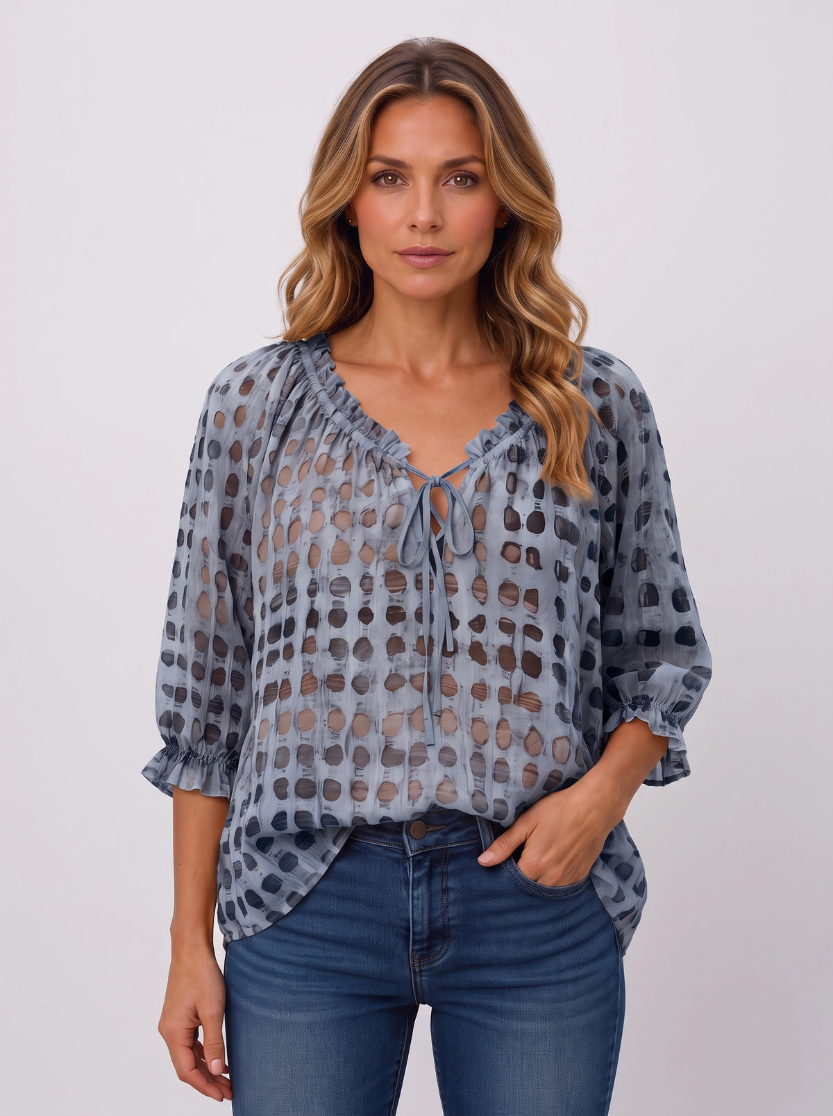 Ribbace Lace-Up V-Neck Blouse – Polka Dot Women Autumn Casual Smart Blouse Top