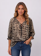 Ribbace Lace-Up V-Neck Blouse – Polka Dot Women Autumn Casual Smart Blouse Top