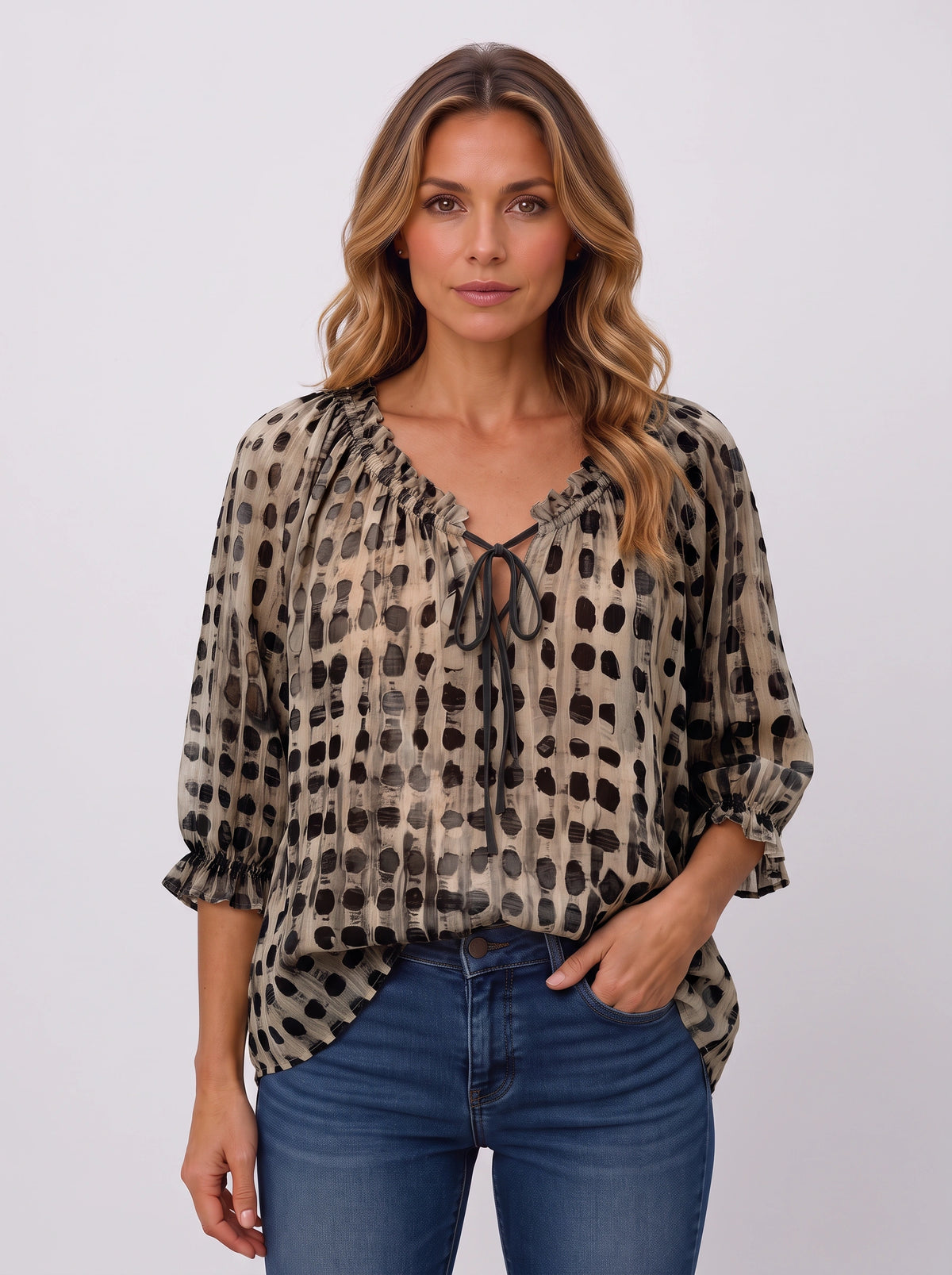 Ribbace Lace-Up V-Neck Blouse – Polka Dot Women Autumn Casual Smart Blouse Top