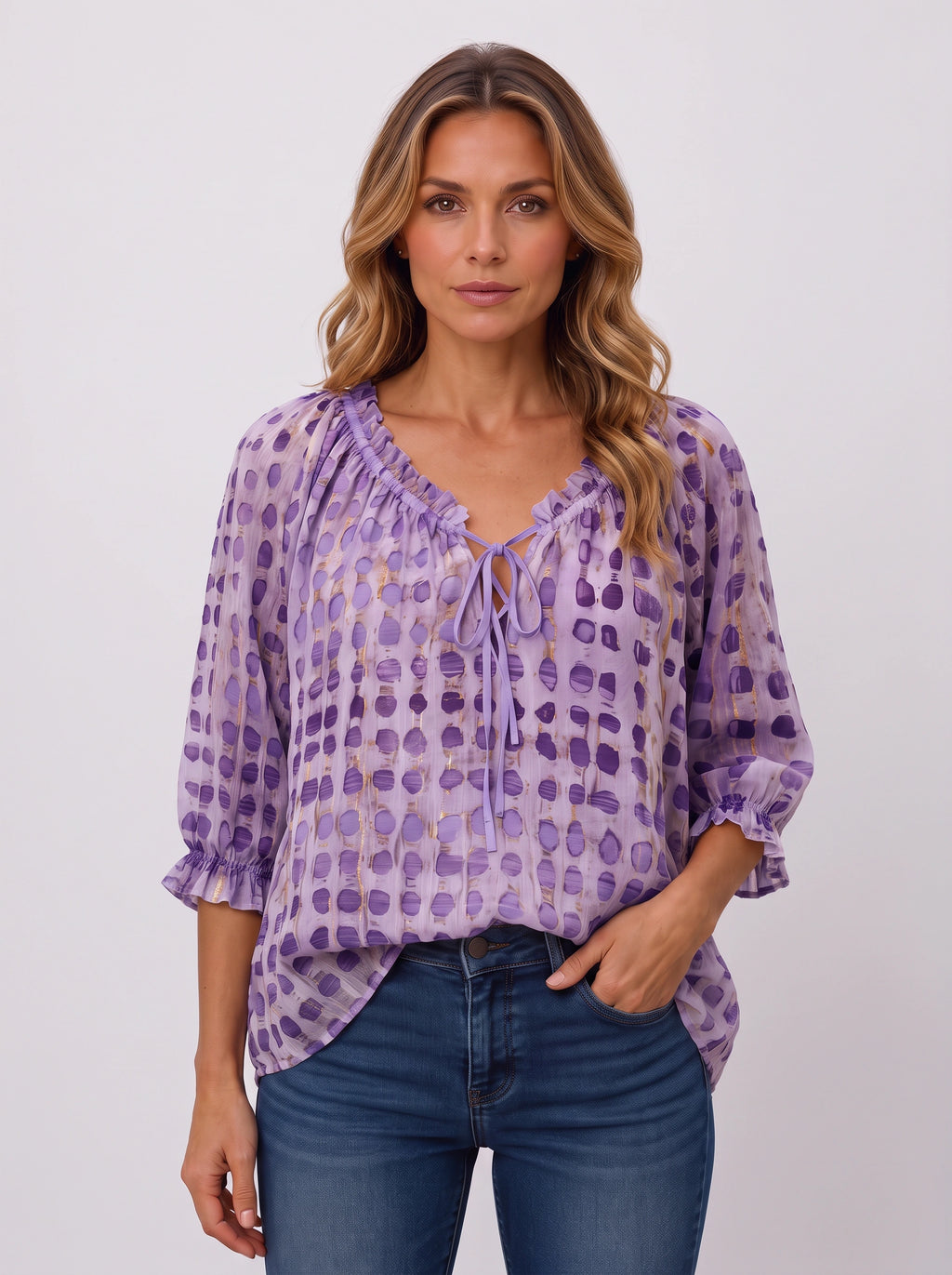 Ribbace Lace-Up V-Neck Blouse – Polka Dot Women Autumn Casual Smart Blouse Top
