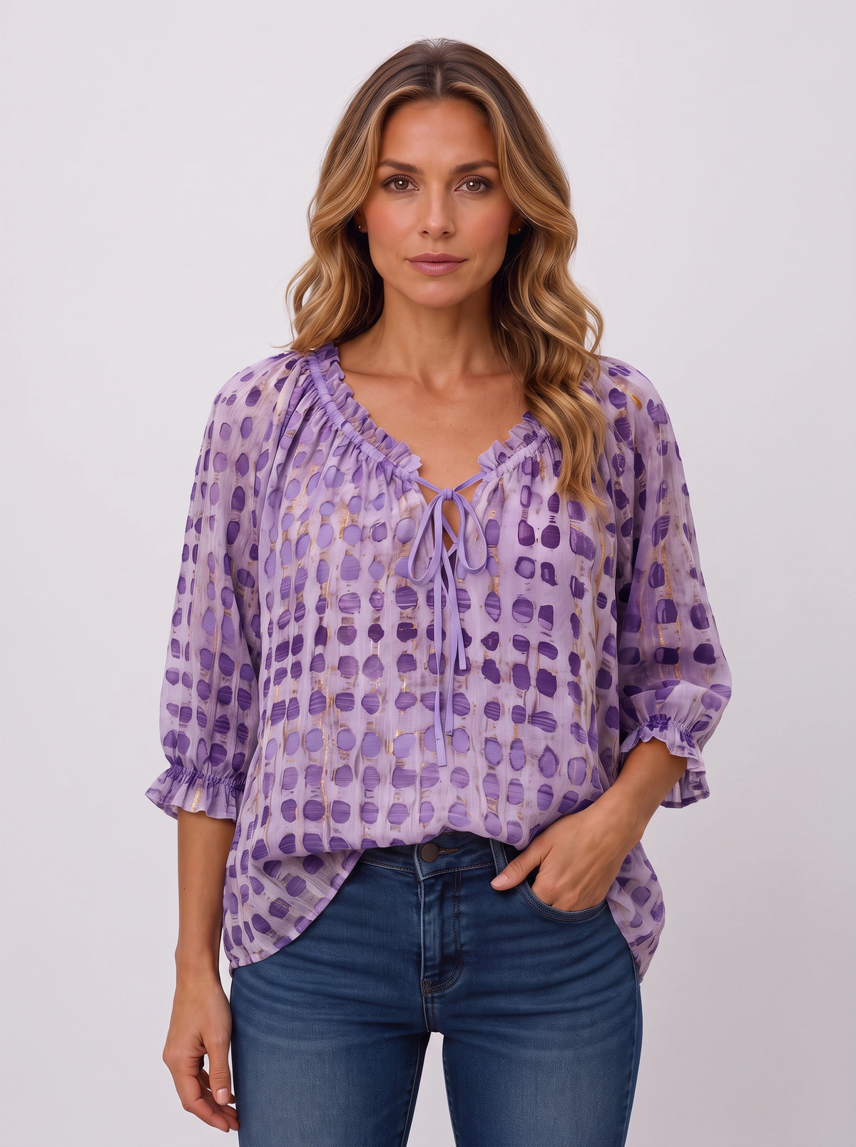 Ribbace Lace-Up V-Neck Blouse – Polka Dot Women Autumn Casual Smart Blouse Top