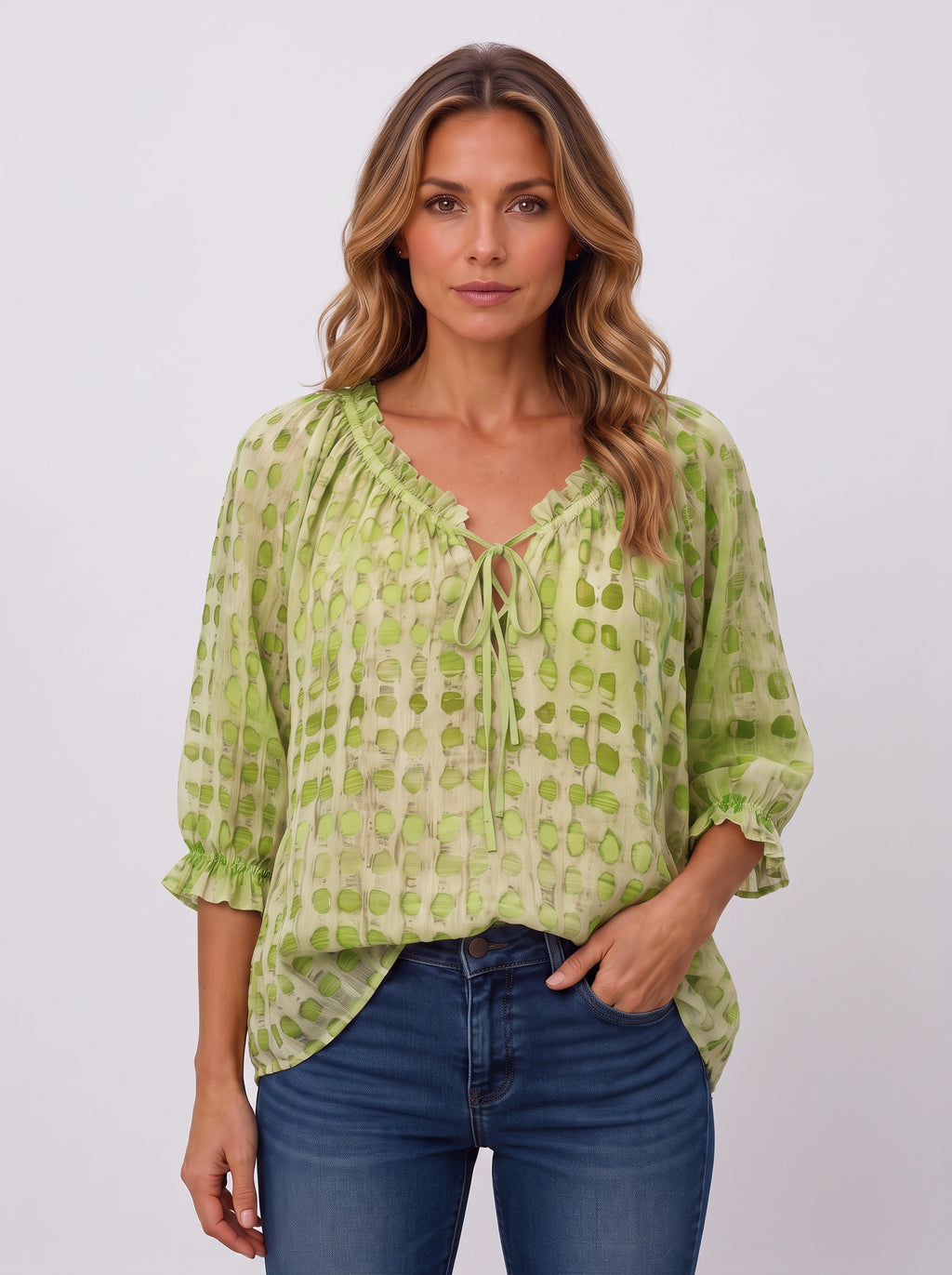 Ribbace Lace-Up V-Neck Blouse – Polka Dot Women Autumn Casual Smart Blouse Top