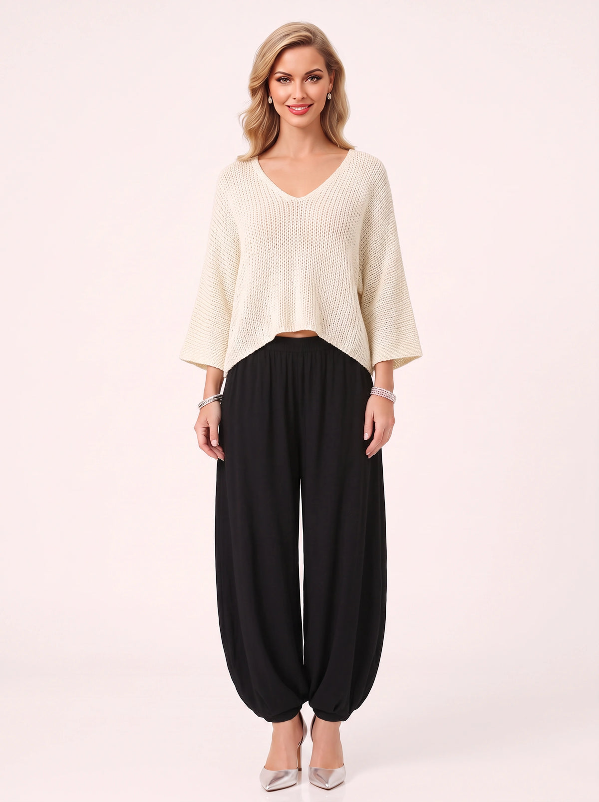 Paia Lightweight Sweater Harem Trousers Set – Knit Cream Jumper Wide-Leg Lounge Co-Ord Women Casual