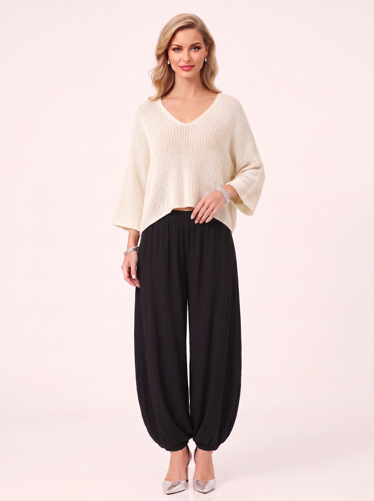 Paia Lightweight Sweater Harem Trousers Set – Knit Cream Jumper Wide-Leg Lounge Co-Ord Women Casual