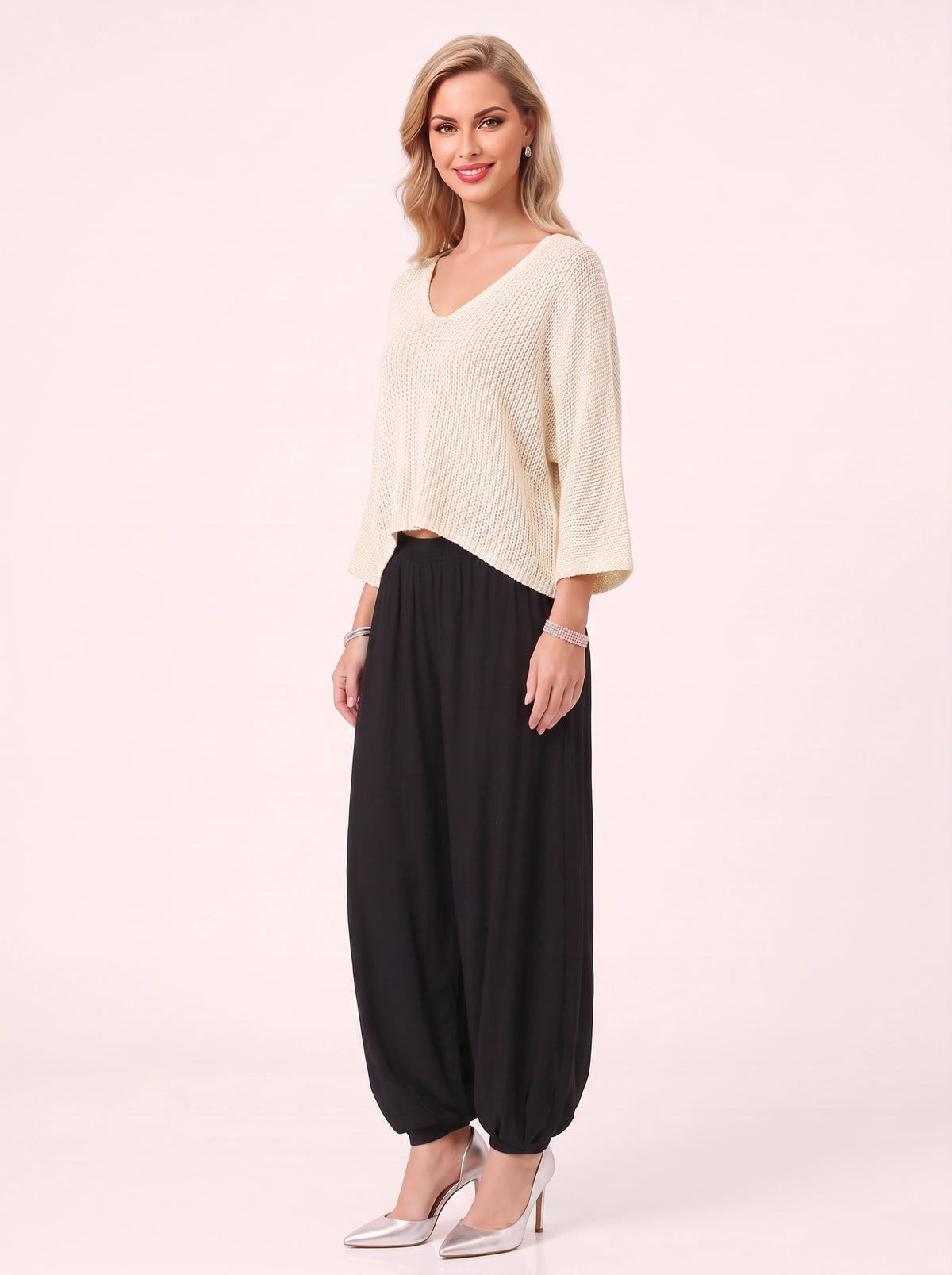 Paia Lightweight Sweater Harem Trousers Set – Knit Cream Jumper Wide-Leg Lounge Co-Ord Women Casual