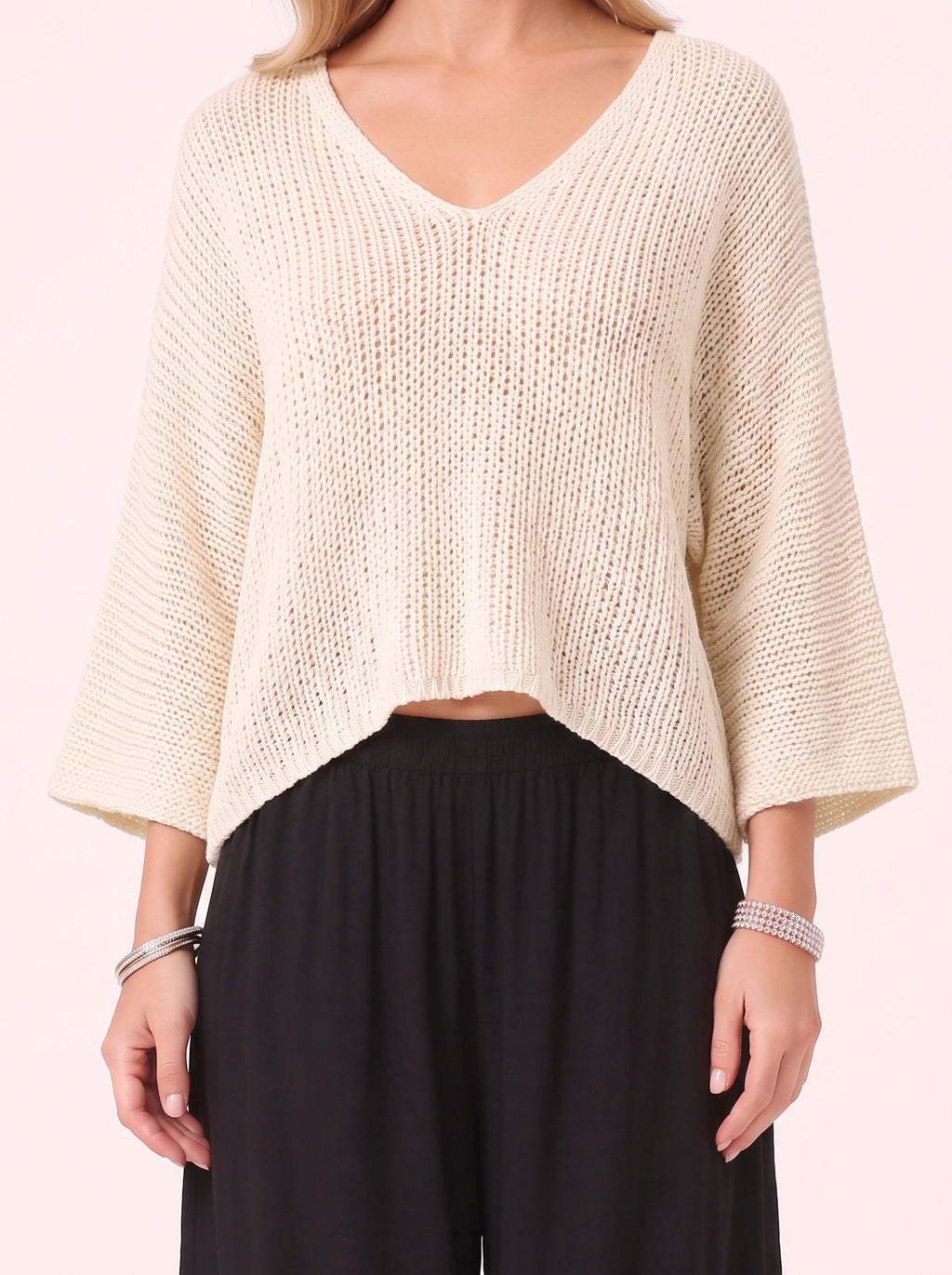 Paia Lightweight Sweater Harem Trousers Set – Knit Cream Jumper Wide-Leg Lounge Co-Ord Women Casual