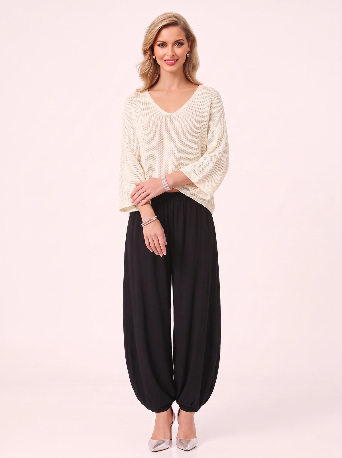 Paia Lightweight Sweater Harem Trousers Set – Knit Cream Jumper Wide-Leg Lounge Co-Ord Women Casual