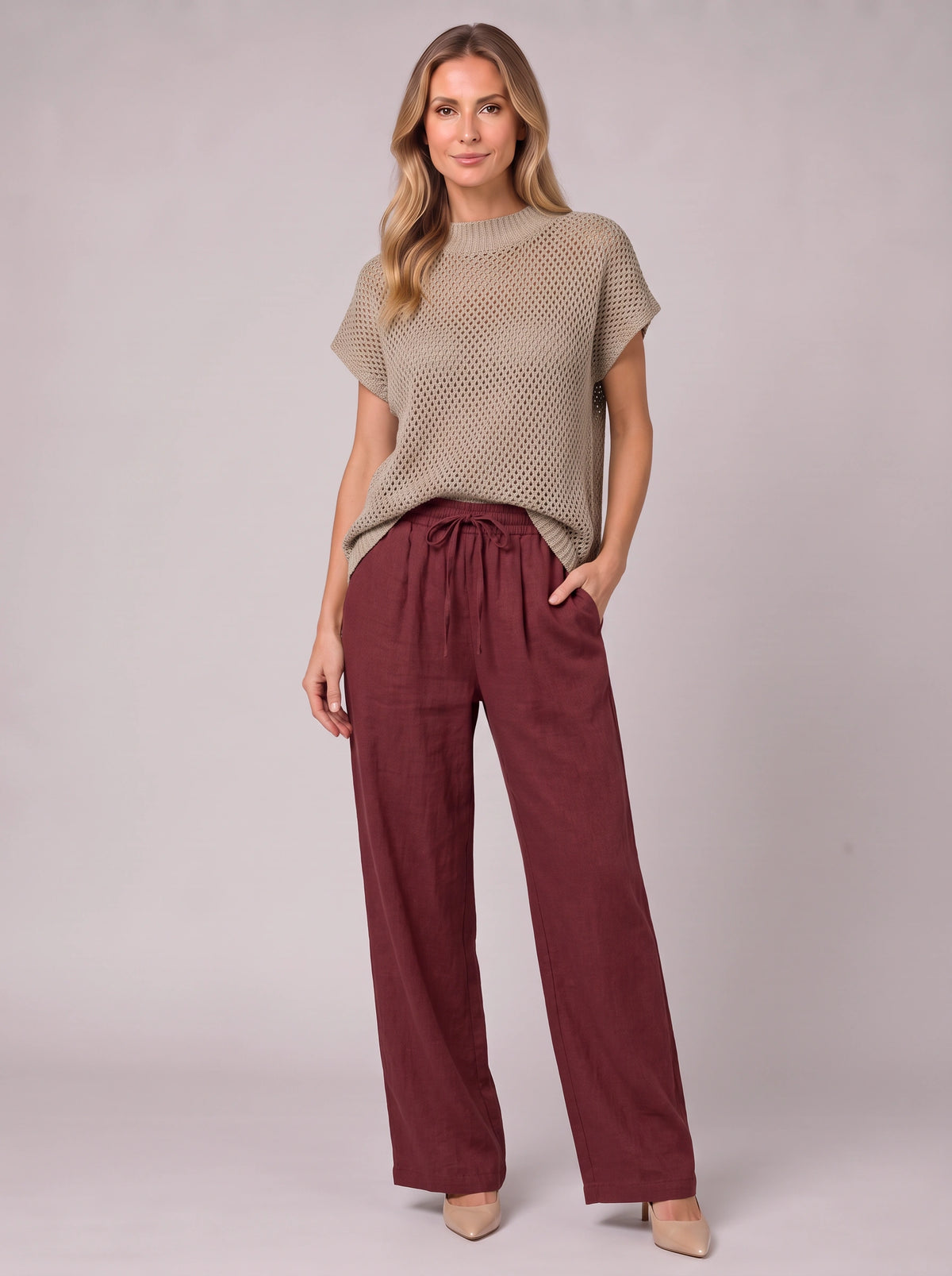 Meshtica Knitted Top Linen Trouser Set – Women Casual Lounge Co-Ord Two-Piece Autumn Relaxed Fit