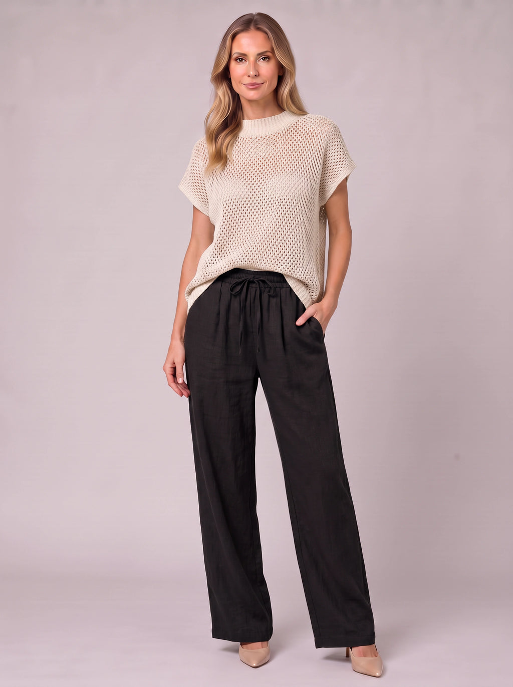 Meshtica Knitted Top Linen Trouser Set – Women Casual Lounge Co-Ord Two-Piece Autumn Relaxed Fit