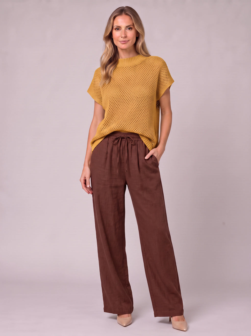 Meshtica Knitted Top Linen Trouser Set – Women Casual Lounge Co-Ord Two-Piece Autumn Relaxed Fit