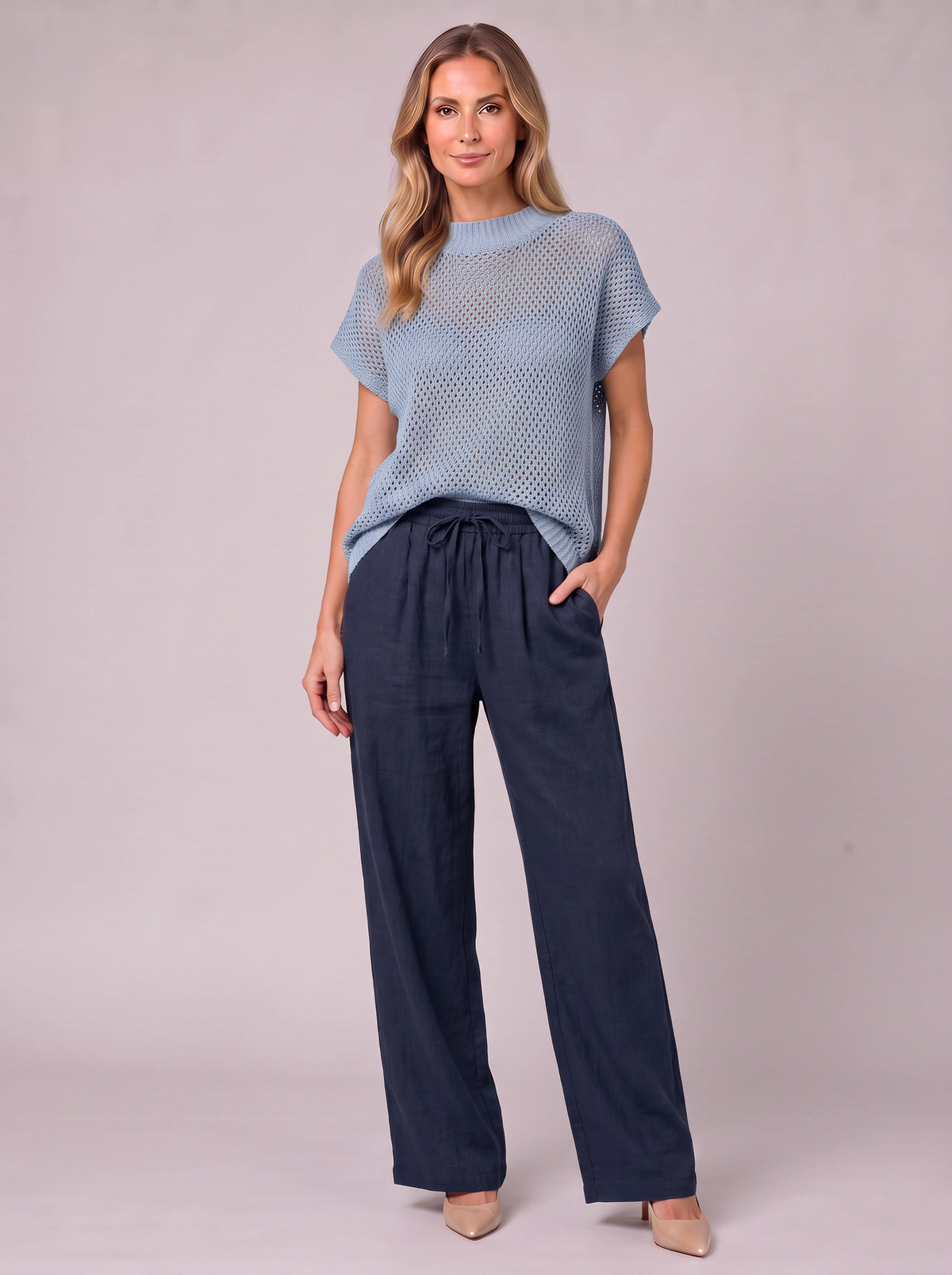 Meshtica Knitted Top Linen Trouser Set – Women Casual Lounge Co-Ord Two-Piece Autumn Relaxed Fit