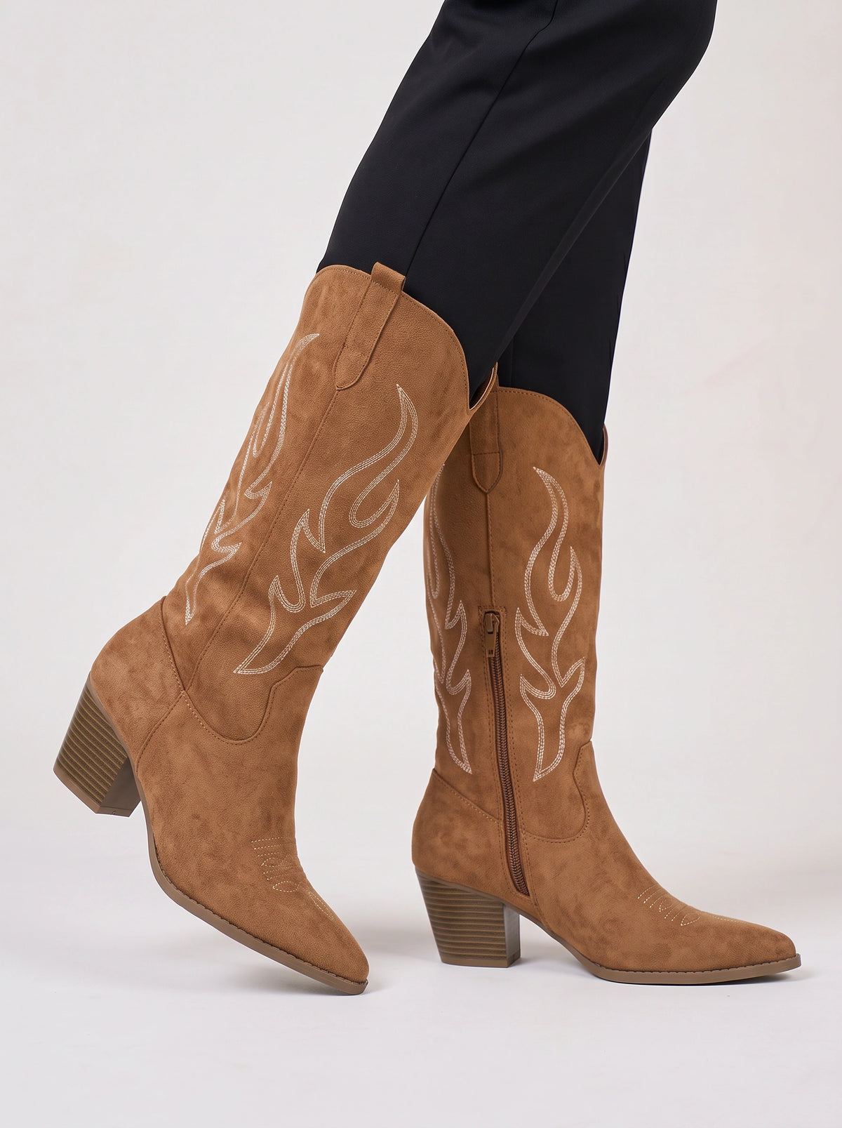Flamber Western Tall Boots – Embroidered Cowboy Women Block Heel Knee High Boots