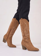 Flamber Western Tall Boots – Embroidered Cowboy Women Block Heel Knee High Boots