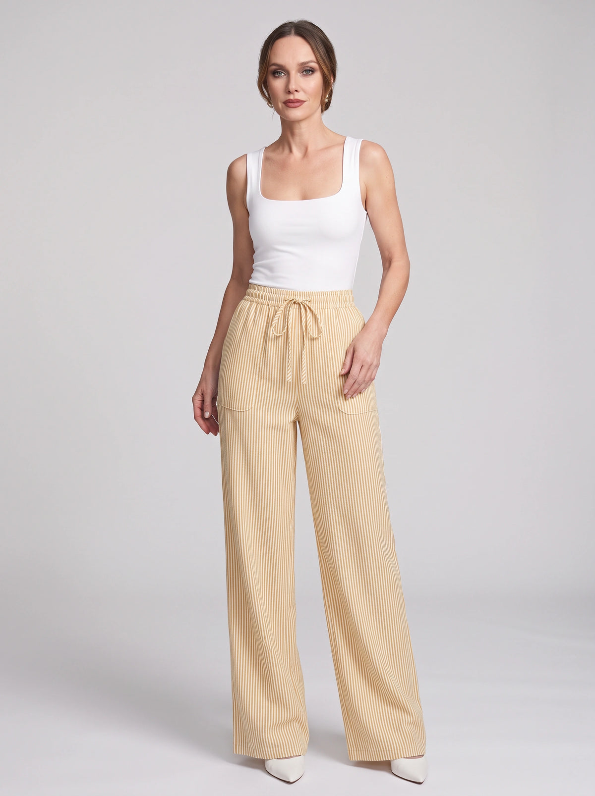 Pinstrae Striped Wide-Leg Trousers – Women Casual Lounge Drawstring High-Waist Pocket Trousers