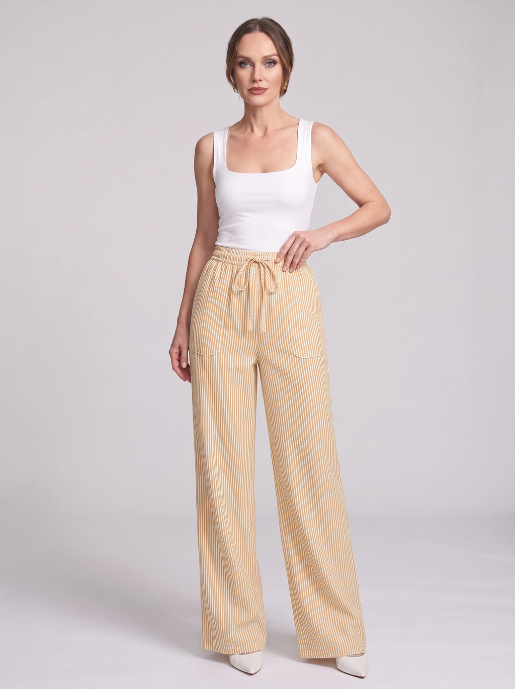 Pinstrae Striped Wide-Leg Trousers – Women Casual Lounge Drawstring High-Waist Pocket Trousers