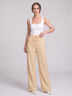 Pinstrae Striped Wide-Leg Trousers – Women Casual Lounge Drawstring High-Waist Pocket Trousers