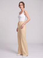 Pinstrae Striped Wide-Leg Trousers – Women Casual Lounge Drawstring High-Waist Pocket Trousers