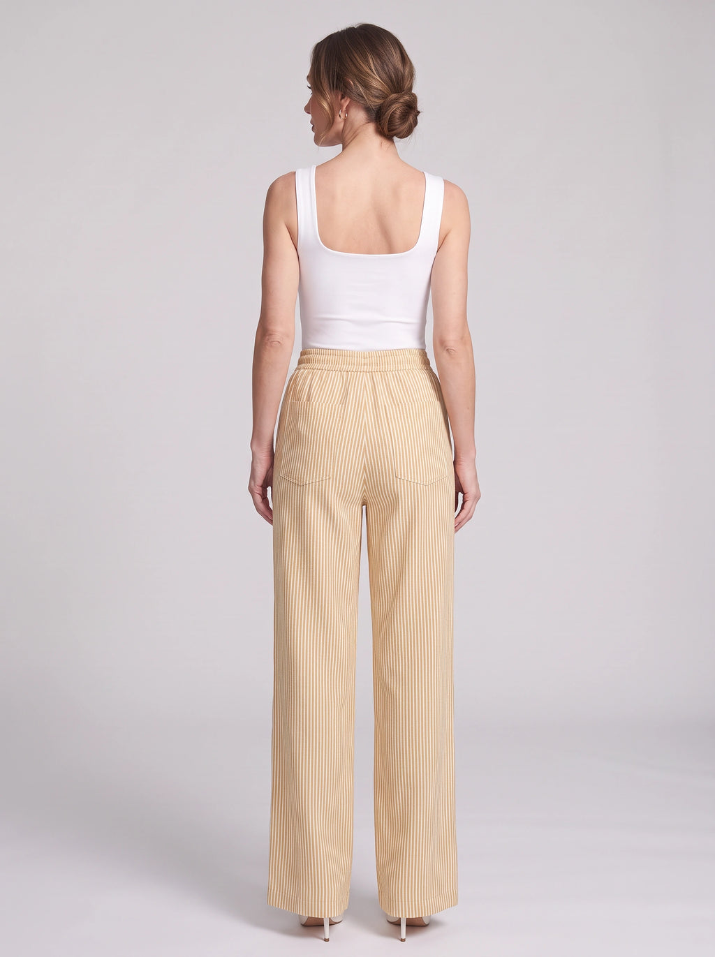 Pinstrae Striped Wide-Leg Trousers – Women Casual Lounge Drawstring High-Waist Pocket Trousers