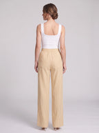 Pinstrae Striped Wide-Leg Trousers – Women Casual Lounge Drawstring High-Waist Pocket Trousers
