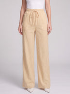 Pinstrae Striped Wide-Leg Trousers – Women Casual Lounge Drawstring High-Waist Pocket Trousers