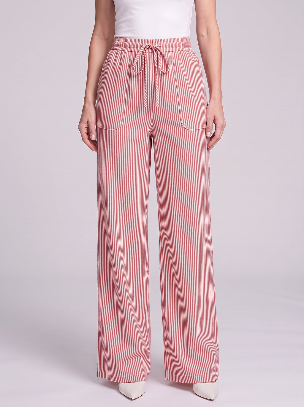 Pinstrae Striped Wide-Leg Trousers – Women Casual Lounge Drawstring High-Waist Pocket Trousers