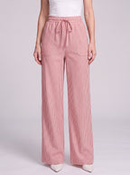 Pinstrae Striped Wide-Leg Trousers – Women Casual Lounge Drawstring High-Waist Pocket Trousers