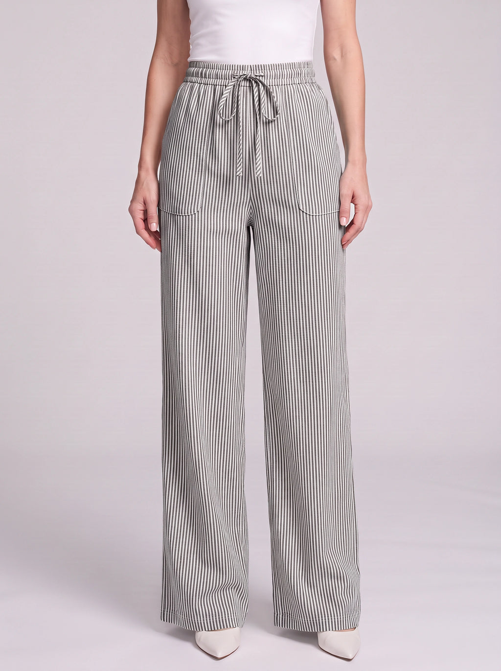 Pinstrae Striped Wide-Leg Trousers – Women Casual Lounge Drawstring High-Waist Pocket Trousers