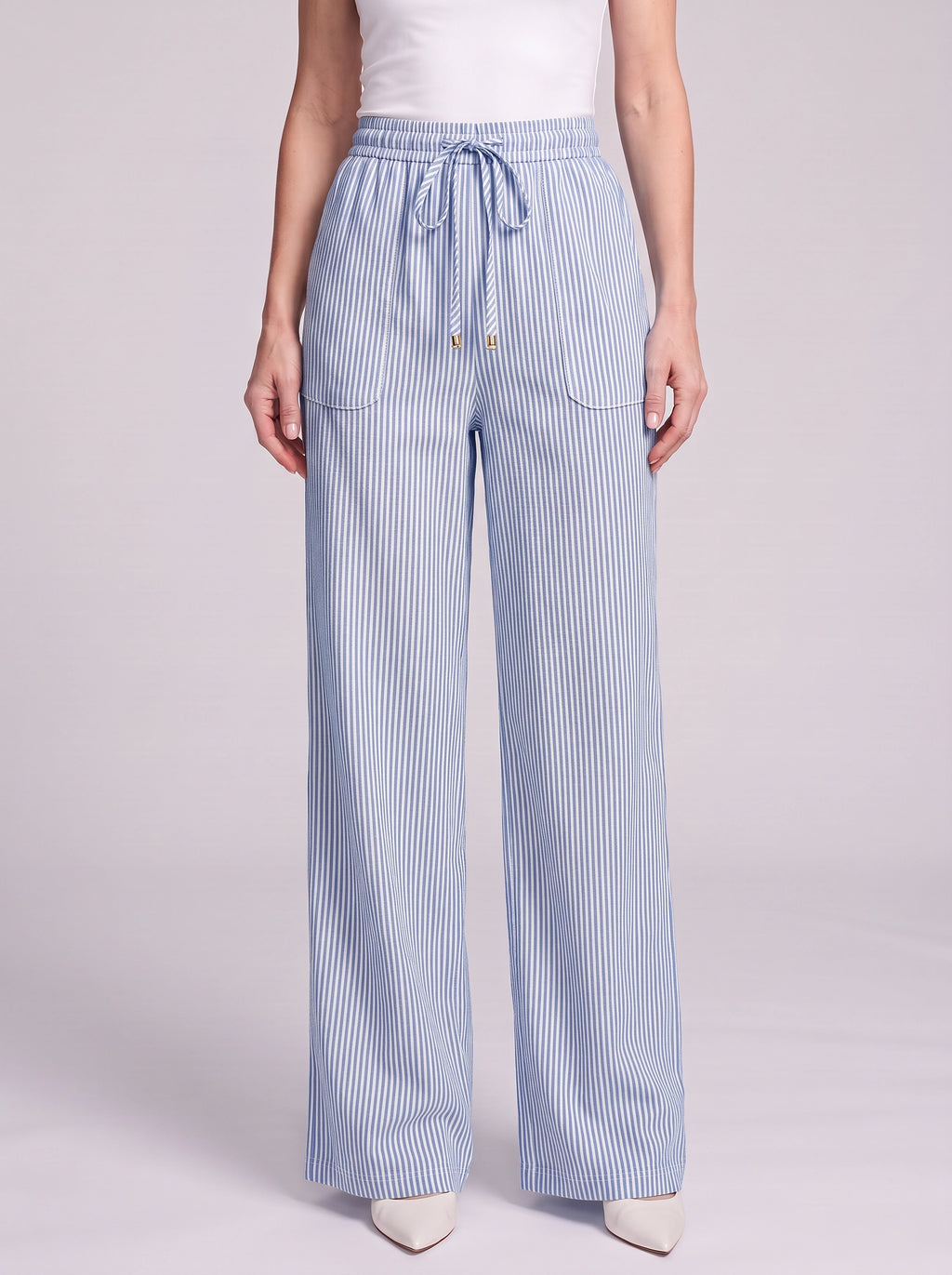 Pinstrae Striped Wide-Leg Trousers – Women Casual Lounge Drawstring High-Waist Pocket Trousers