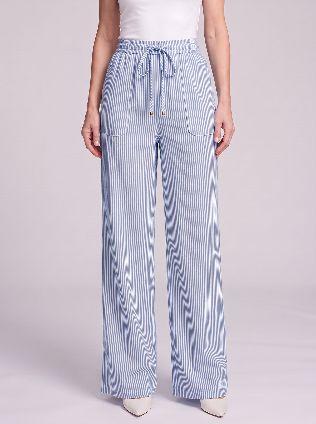 Pinstrae Striped Wide-Leg Trousers – Women Casual Lounge Drawstring High-Waist Pocket Trousers