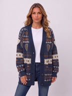 Ribshara Longline Knit Cardigan – Fair Isle Oversized Women Chunky Button Front Fall Autumn Cardigan