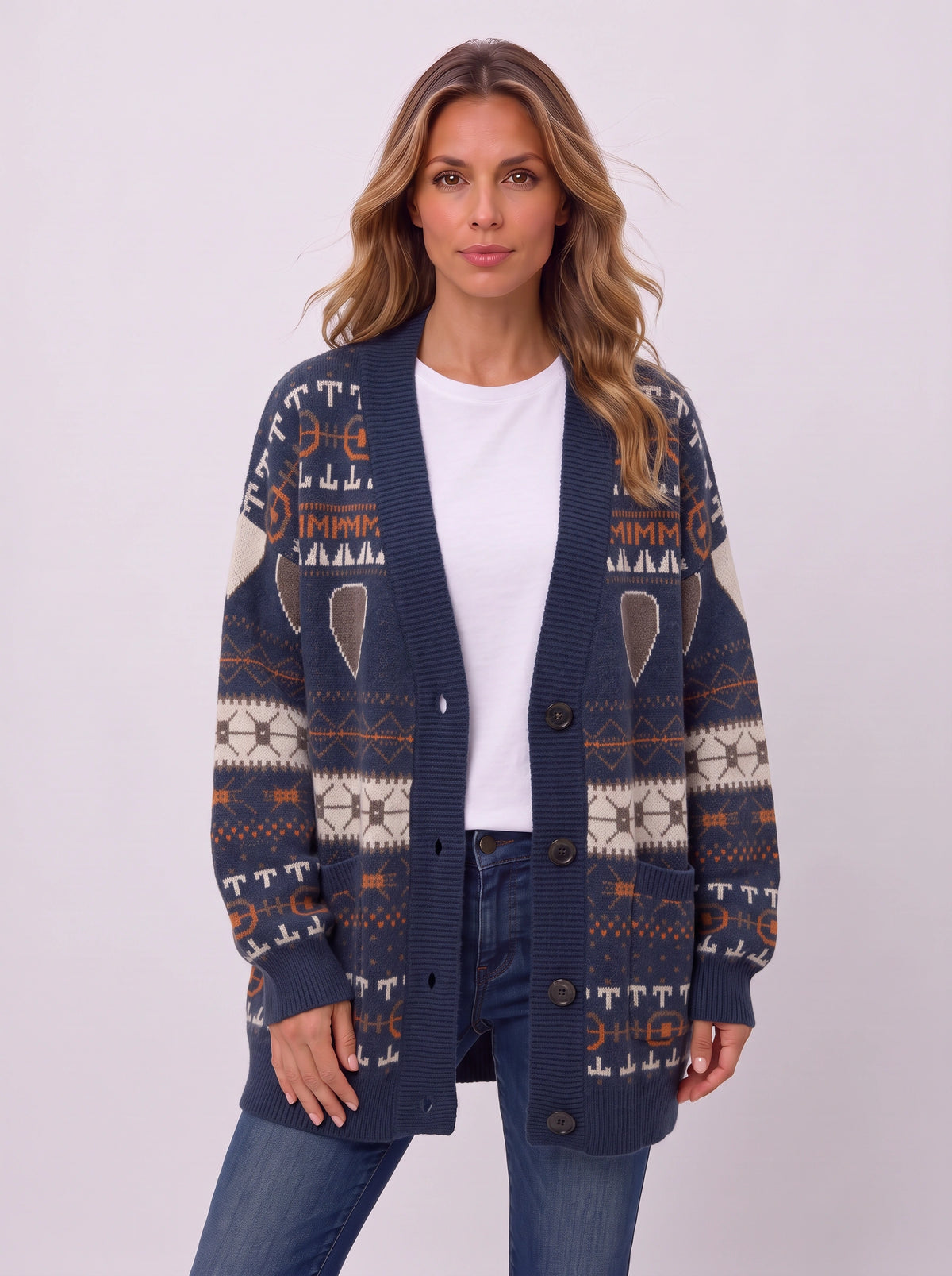 Ribshara Longline Knit Cardigan – Fair Isle Oversized Women Chunky Button Front Fall Autumn Cardigan