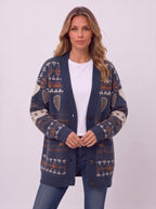 Ribshara Longline Knit Cardigan – Fair Isle Oversized Women Chunky Button Front Fall Autumn Cardigan