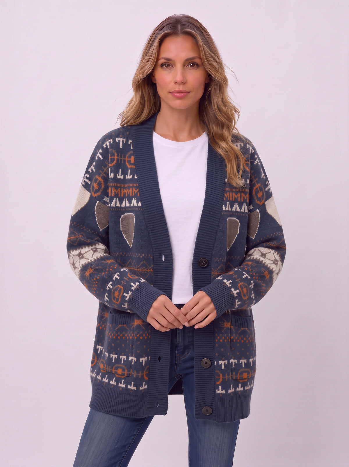 Ribshara Longline Knit Cardigan – Fair Isle Oversized Women Chunky Button Front Fall Autumn Cardigan