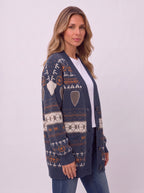 Ribshara Longline Knit Cardigan – Fair Isle Oversized Women Chunky Button Front Fall Autumn Cardigan