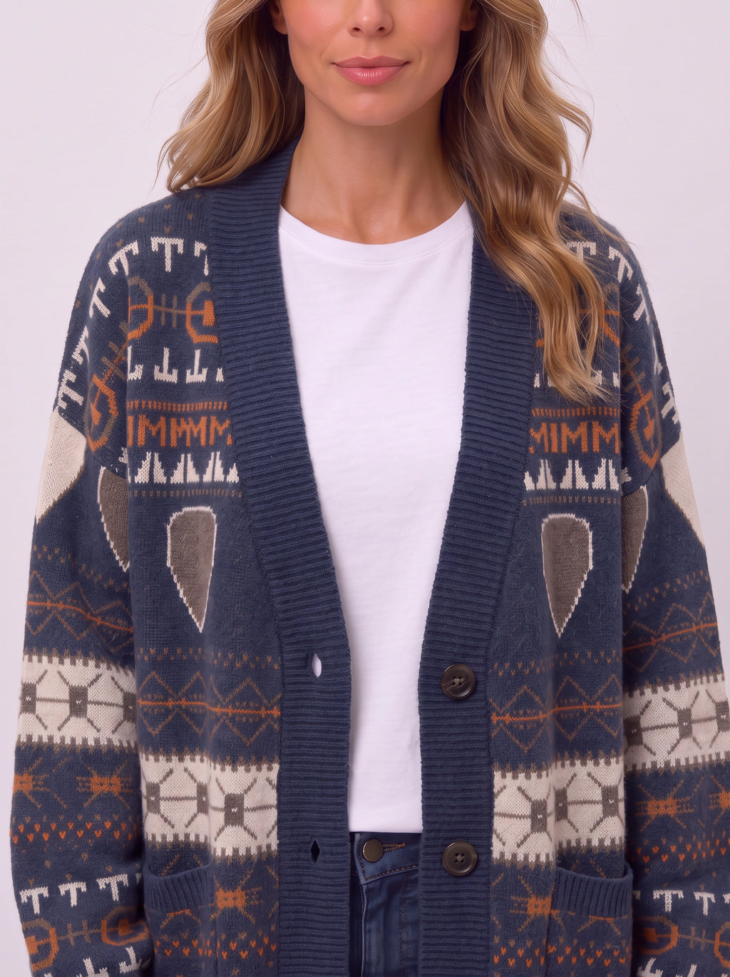 Ribshara Longline Knit Cardigan – Fair Isle Oversized Women Chunky Button Front Fall Autumn Cardigan