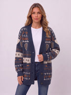 Ribshara Longline Knit Cardigan – Fair Isle Oversized Women Chunky Button Front Fall Autumn Cardigan