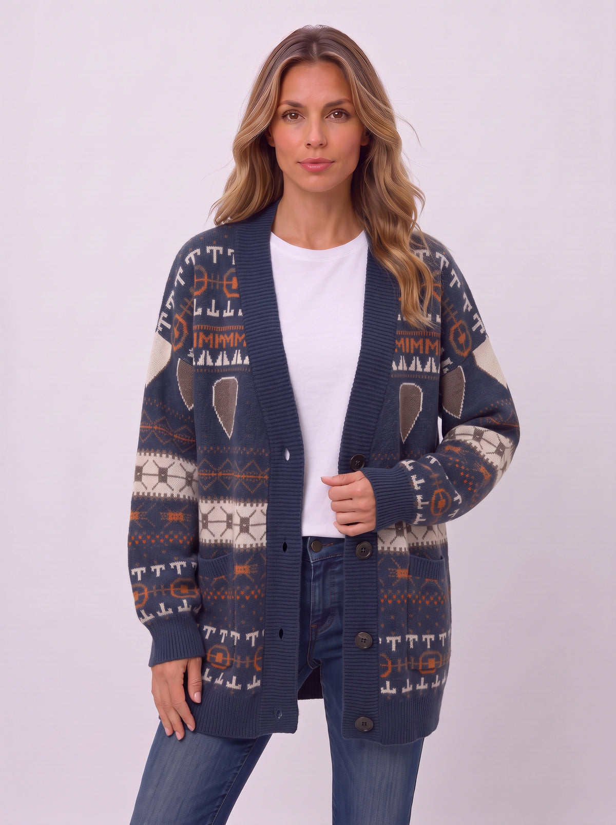 Ribshara Longline Knit Cardigan – Fair Isle Oversized Women Chunky Button Front Fall Autumn Cardigan