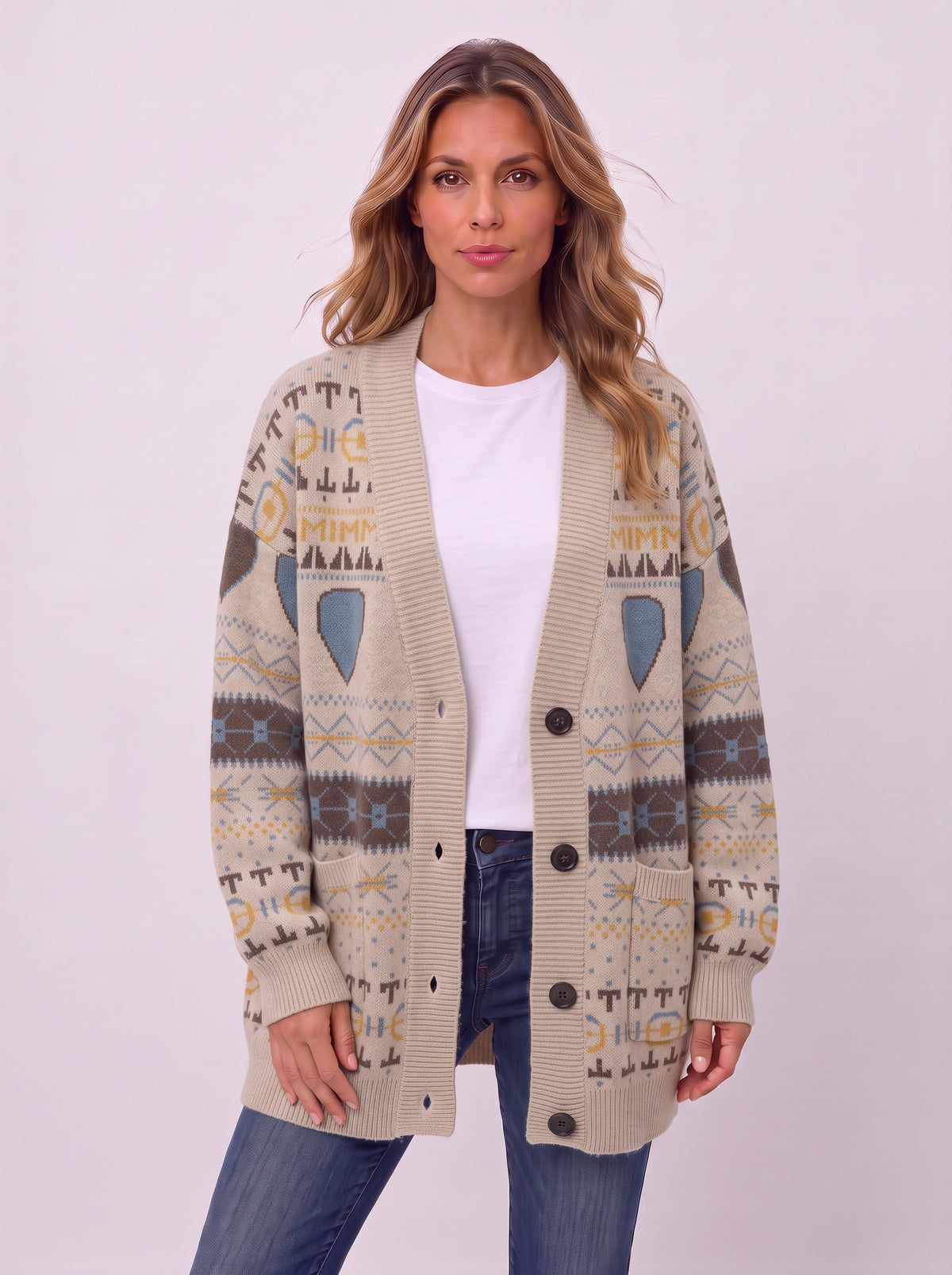 Ribshara Longline Knit Cardigan – Fair Isle Oversized Women Chunky Button Front Fall Autumn Cardigan